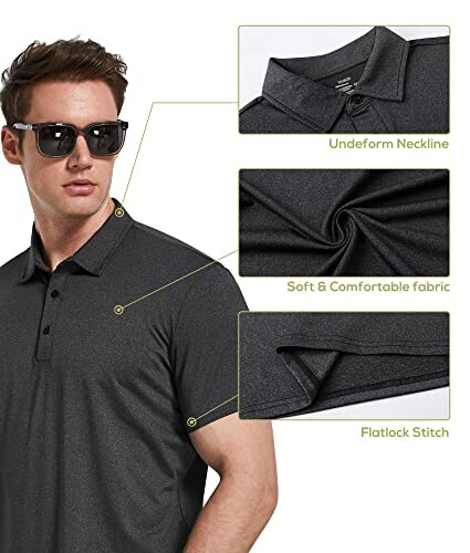 Man wearing black polo shirt with details on neckline, fabric, and stitching. 