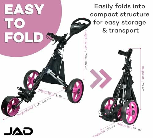 Foldable golf cart with pink wheels, showing extended and compact forms.