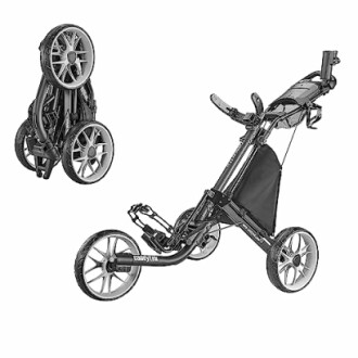 Foldable golf push cart with three wheels.