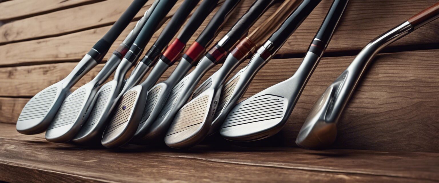 Collection of golf clubs on wooden surface