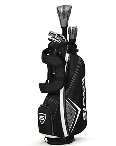 Black golf club set in a carrying bag with Strata branding