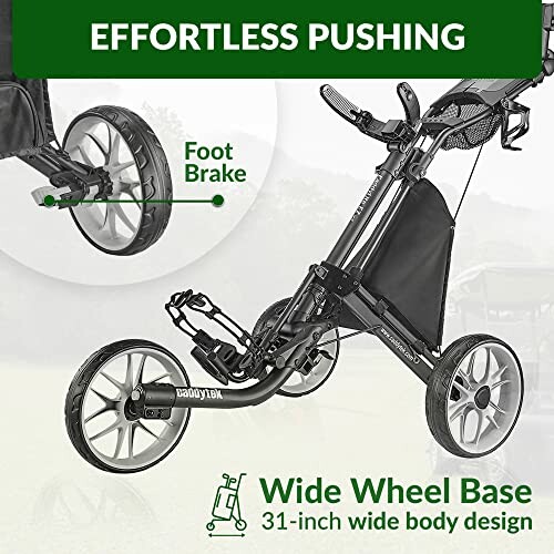 Golf push cart with wide wheel base and foot brake.