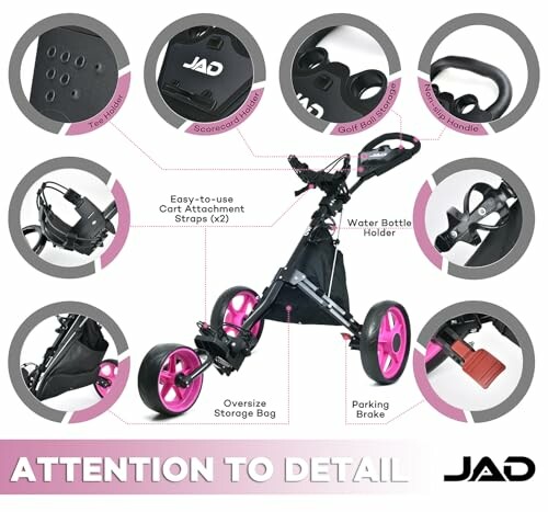 JAD golf cart features with pink wheels and multiple attachments.