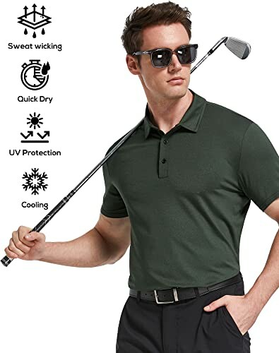 Man in dark green polo shirt with sunglasses holding a golf club, highlighting features like sweat wicking, quick dry, UV protection, and cooling. 