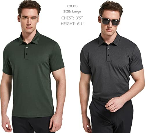 Two men wearing green and gray polo shirts, one with sunglasses. 