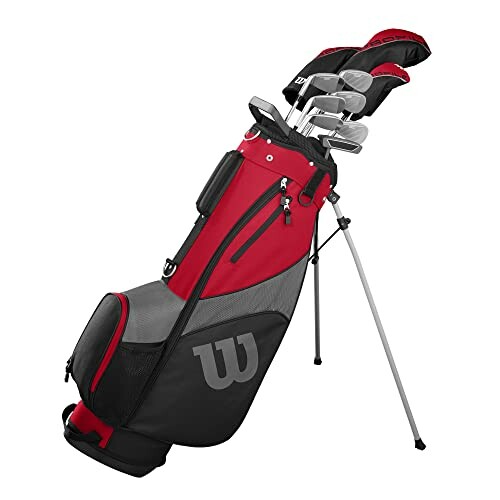 Red and black golf club set with stand bag.